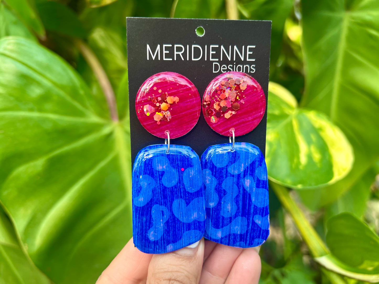 Blue and Pink Glitter Painted Resin Earrings
