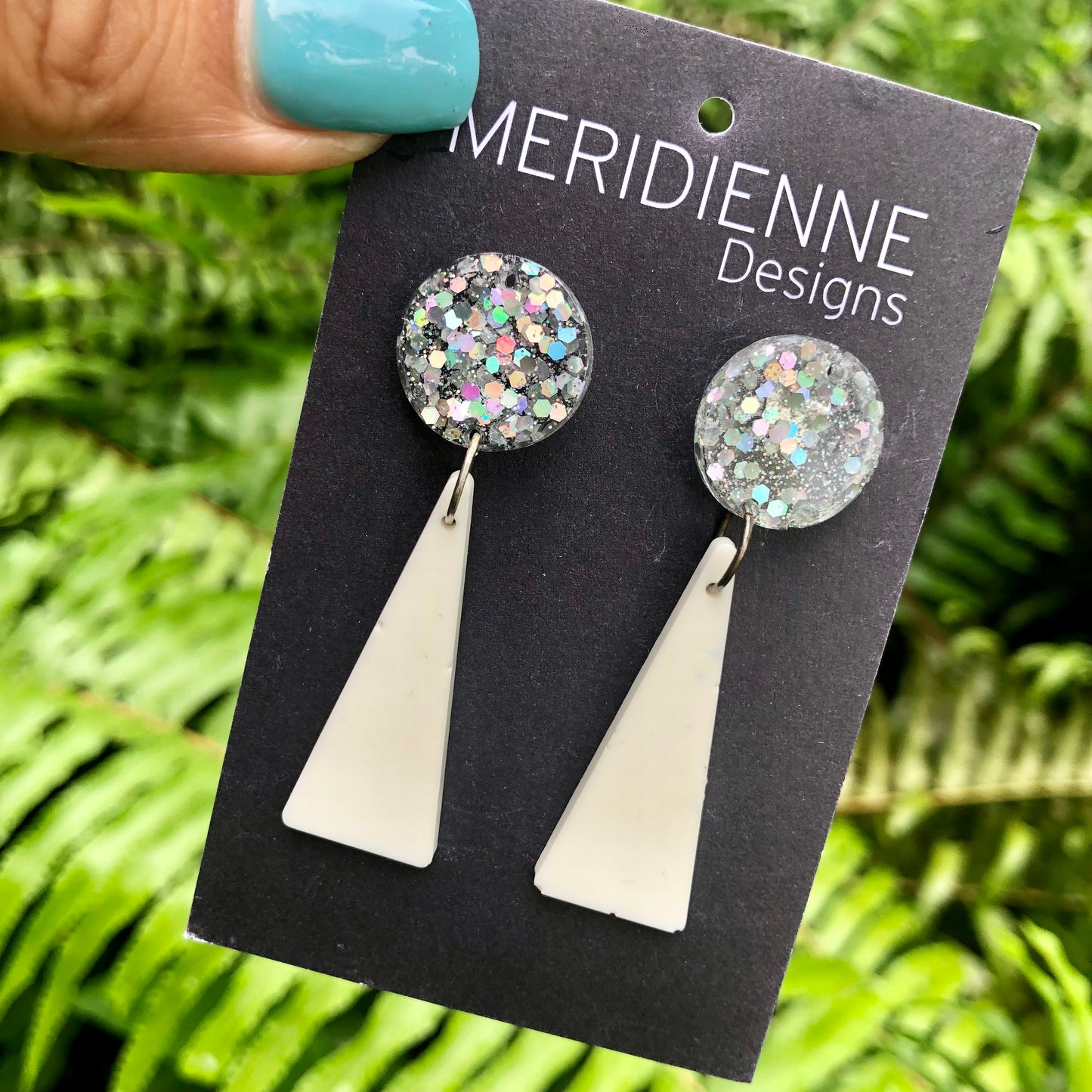 Silver Glitter and White Earrings