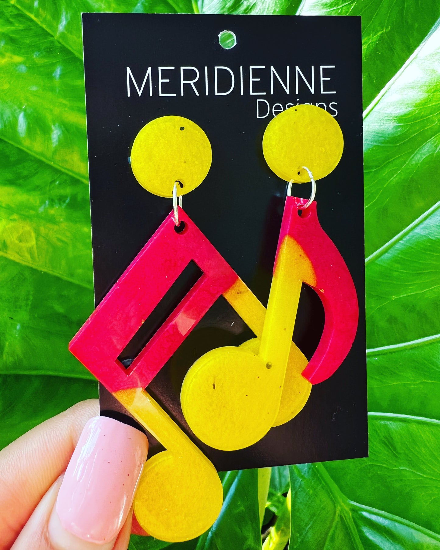 Pink and Yellow Musical Note Resin Earrings