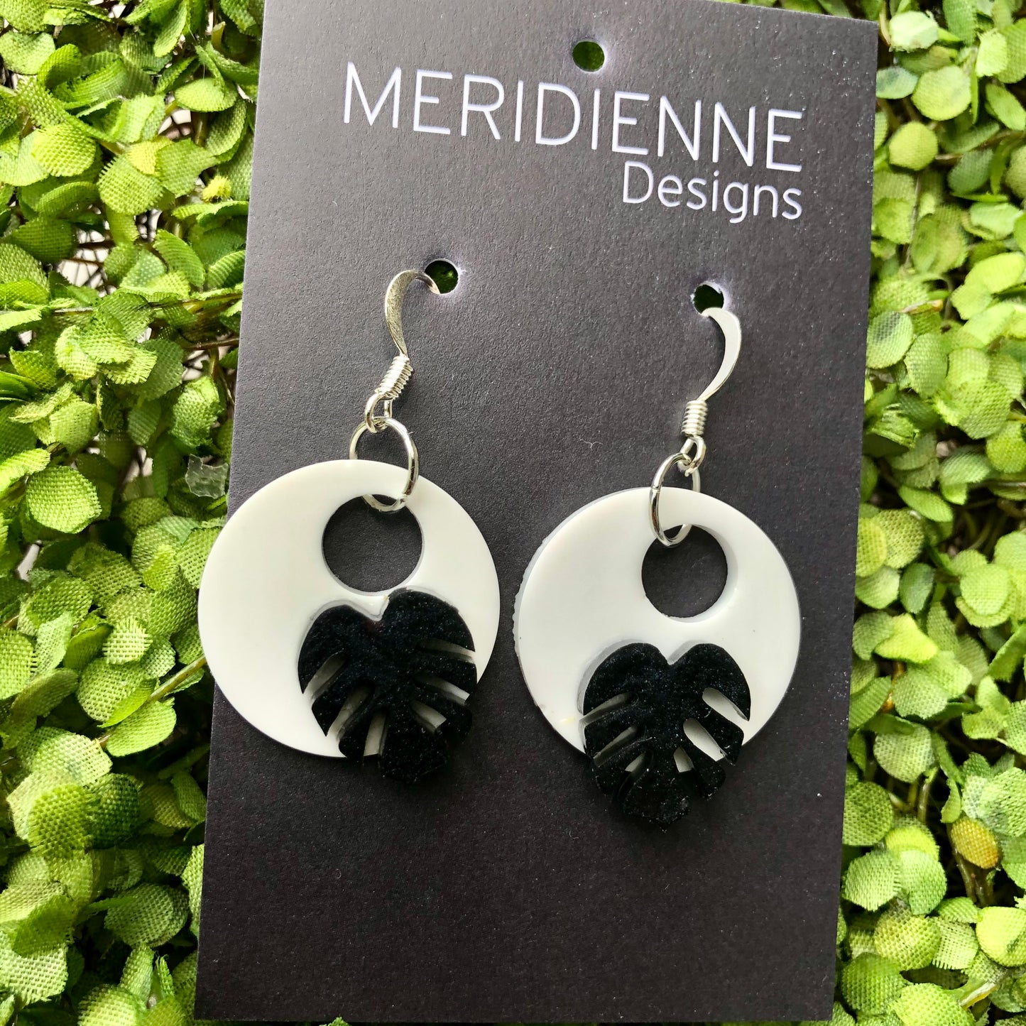 White & Black Monstera Resin Earrings