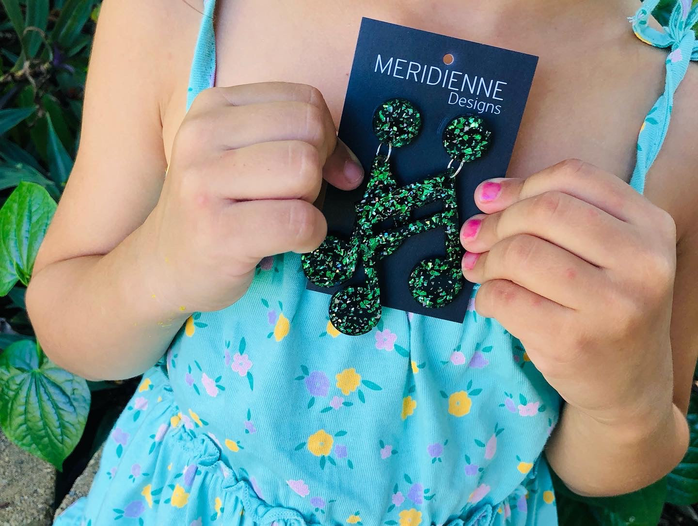 Green Musical Note Resin Earrings