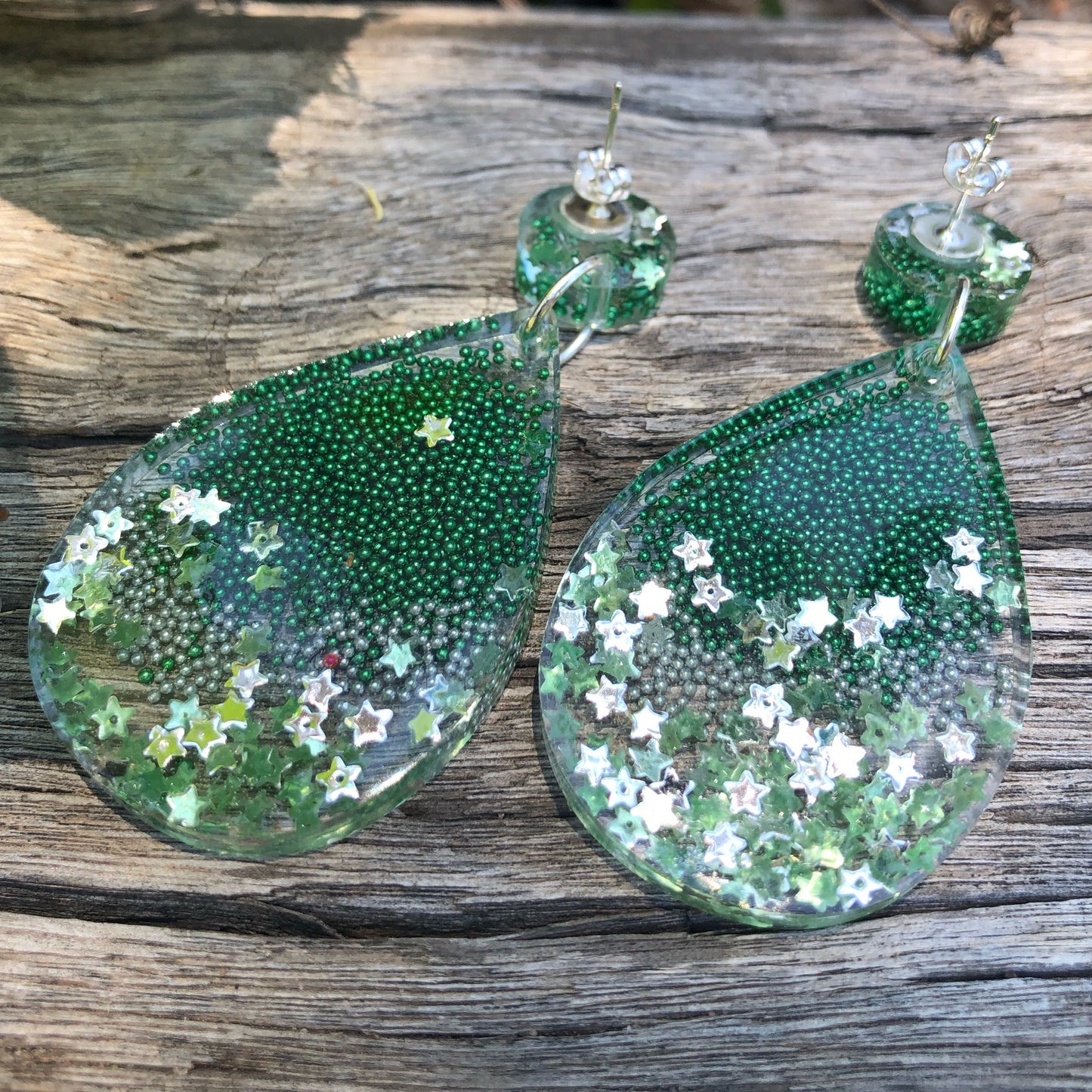 Green Bead Resin Earrings