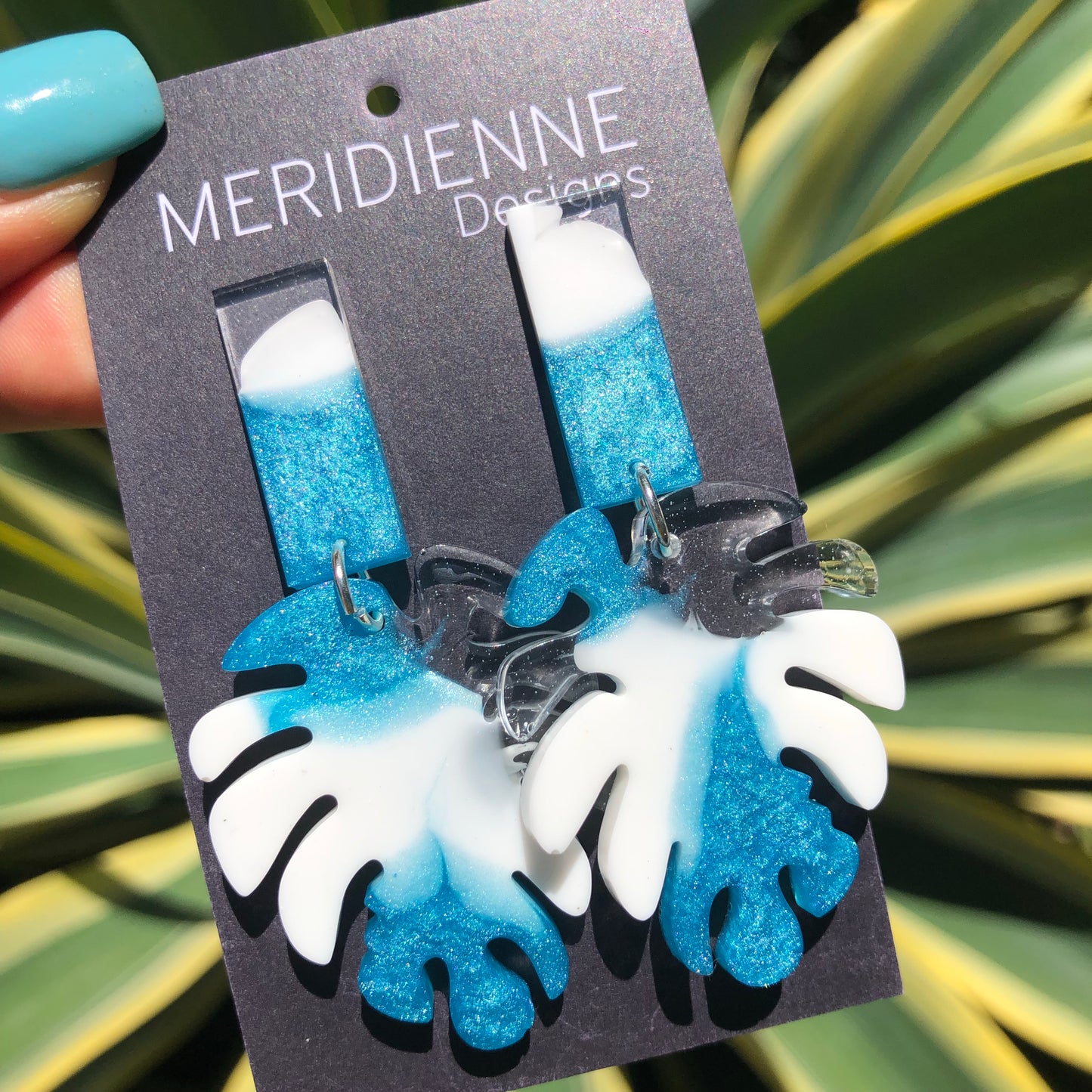 Blue Resin Monstera Earrings