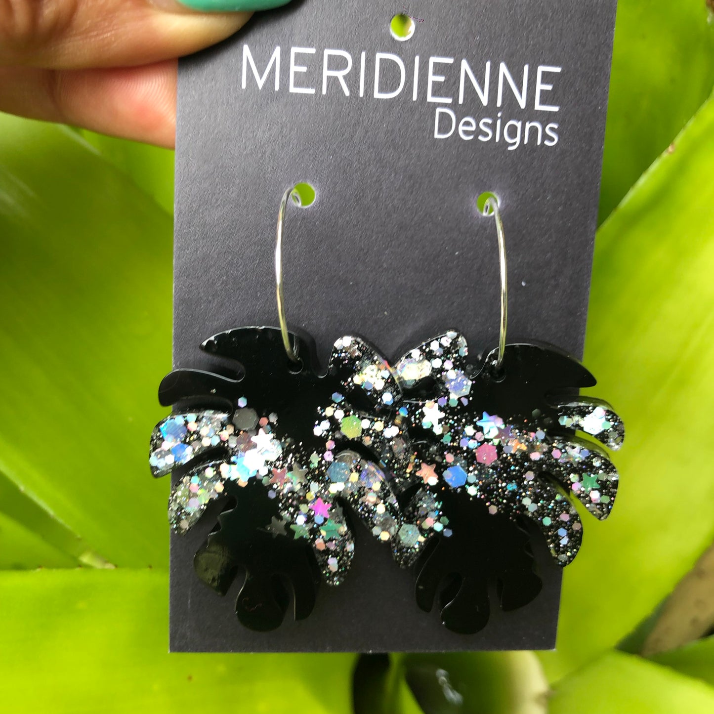 Black and Silver Monstera Earrings