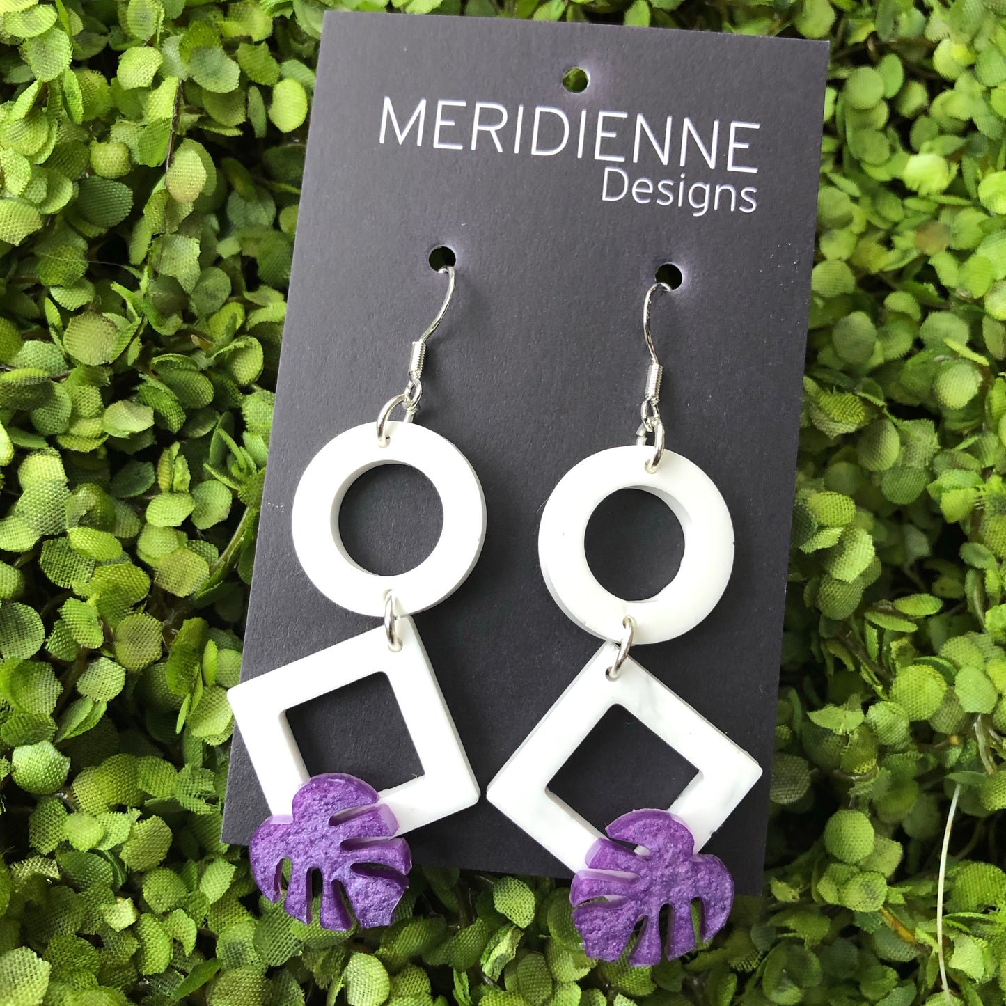 White Resin Earrings with Mini Lavender Monstera