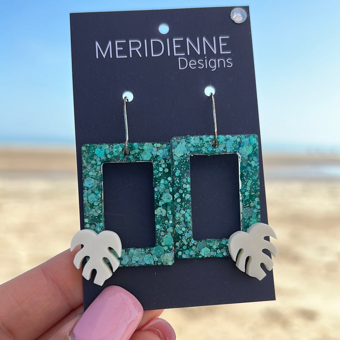 Turquoise with Mini White Monstera Earrings