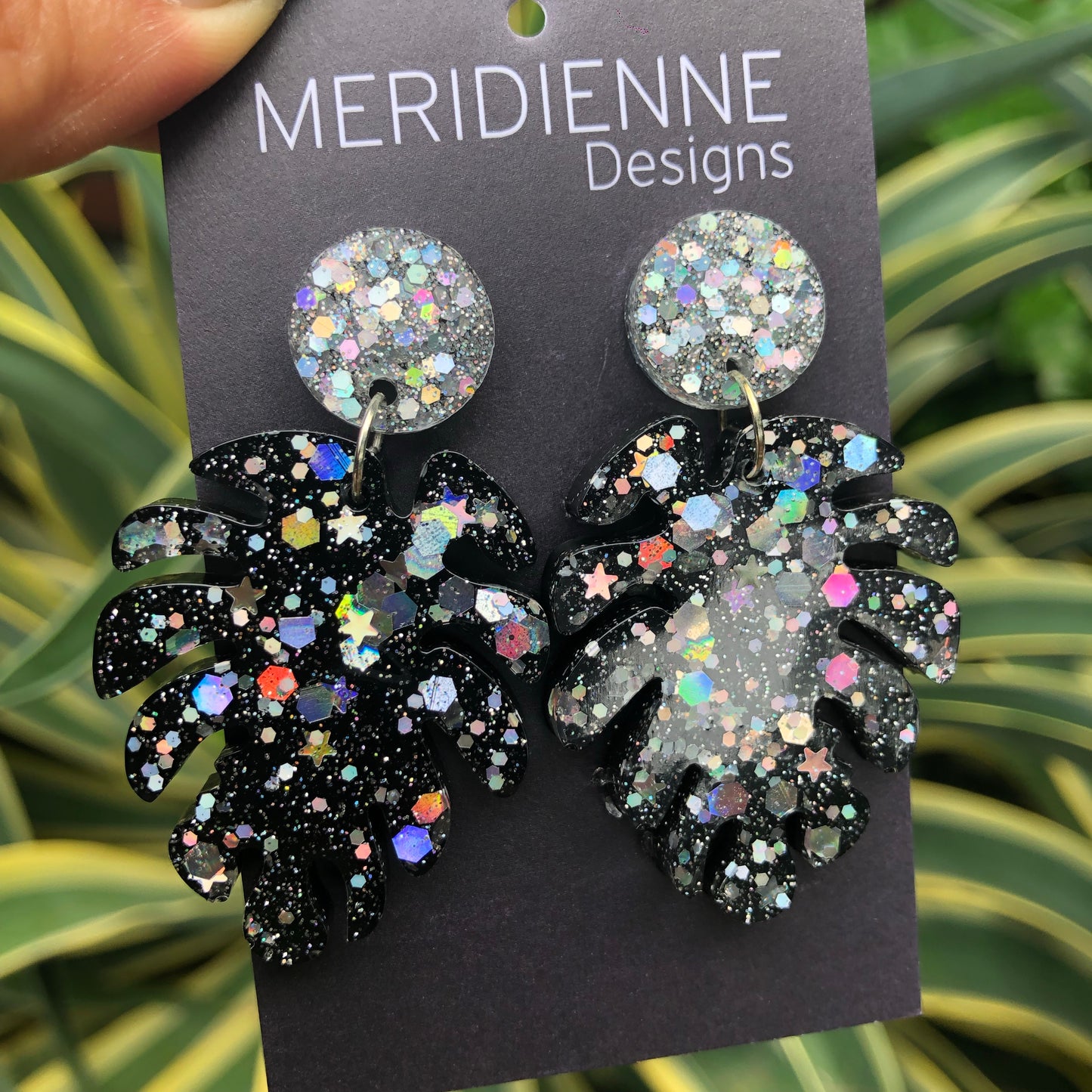 Black and Silver Monstera Earrings