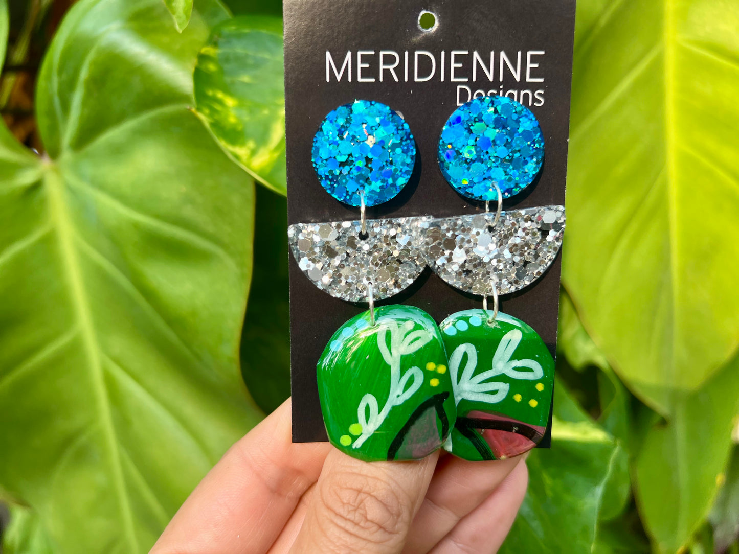 Green and Blue Glitter Painted Resin Earrings