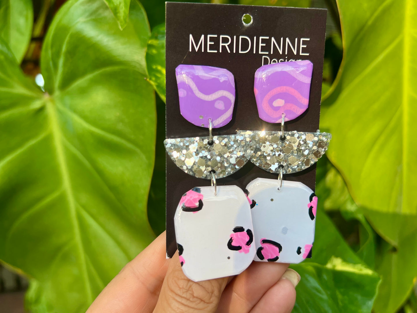 Lavender and Pink Glitter Painted Resin Earrings