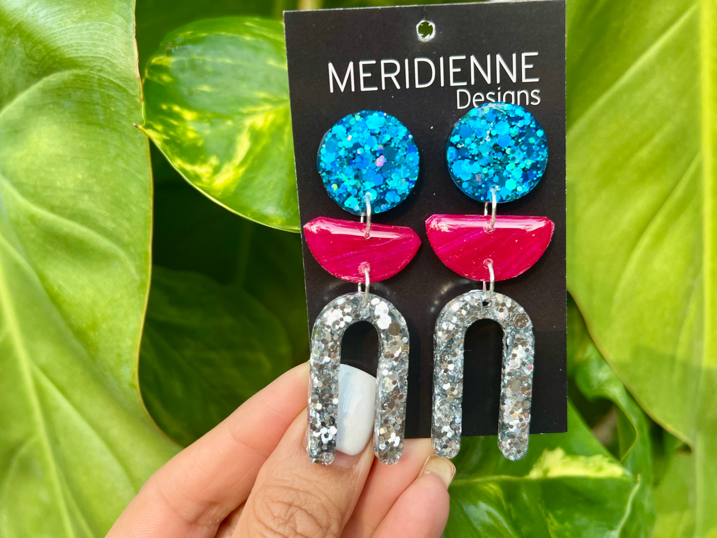 Silver Glitter Painted Resin Earrings