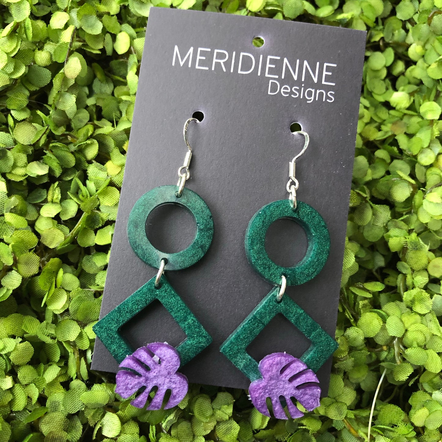 Emerald Resin Earrings with Mini Lavender Monstera