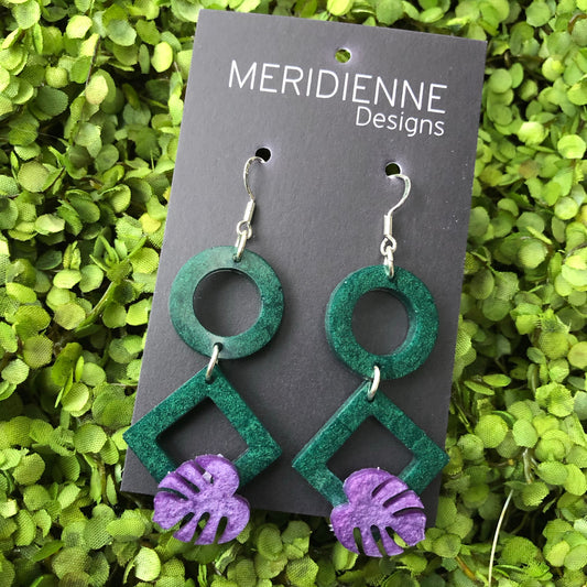 Emerald Resin Earrings with Mini Lavender Monstera