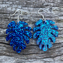 Load image into Gallery viewer, Blue Glitter Monstera Resin Earrings
