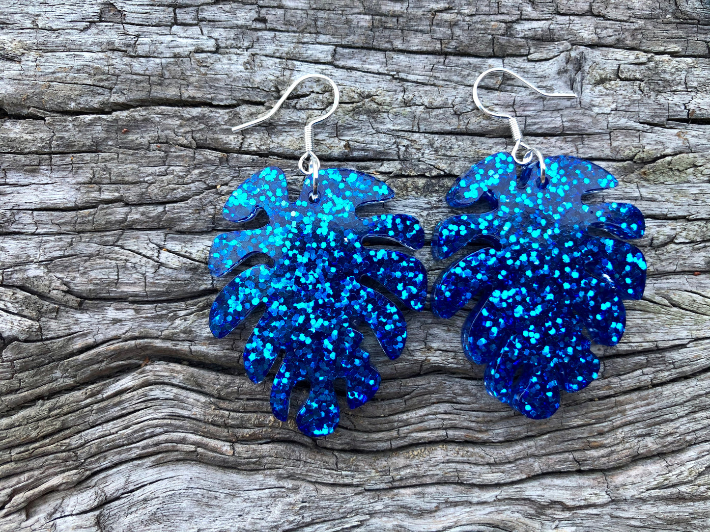 Blue Glitter Monstera Resin Earrings