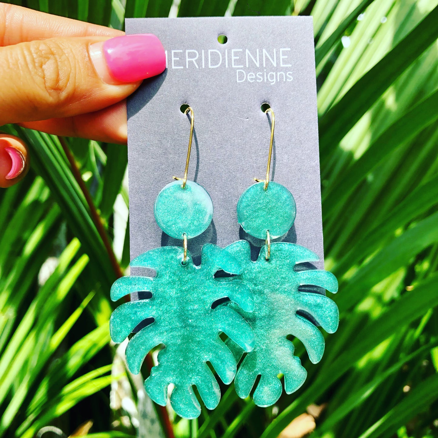 Turquoise Monstera Resin Earrings