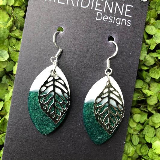 Emerald Silver Leaf Resin Earrings