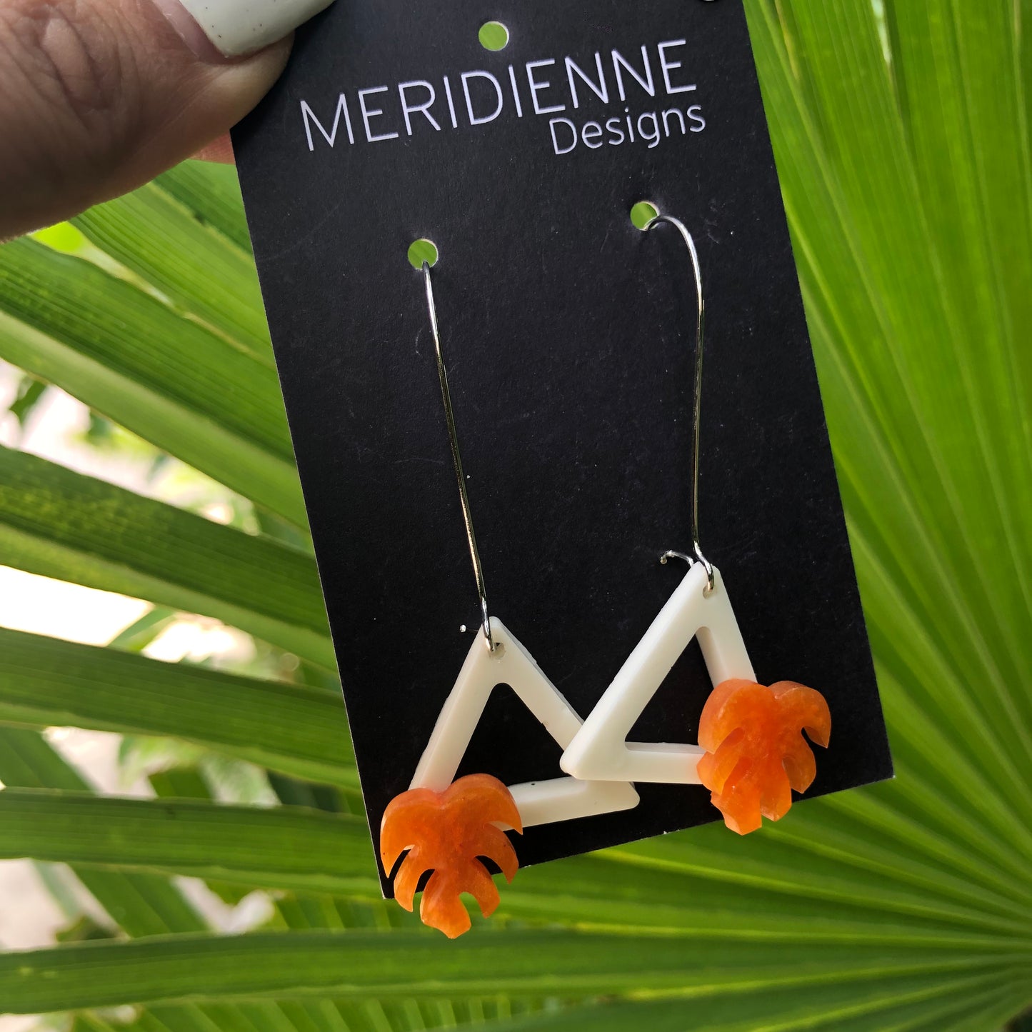 White Resin Earrings with Mini Orange Monstera