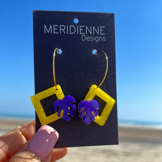 Purple and Yellow Resin Earrings