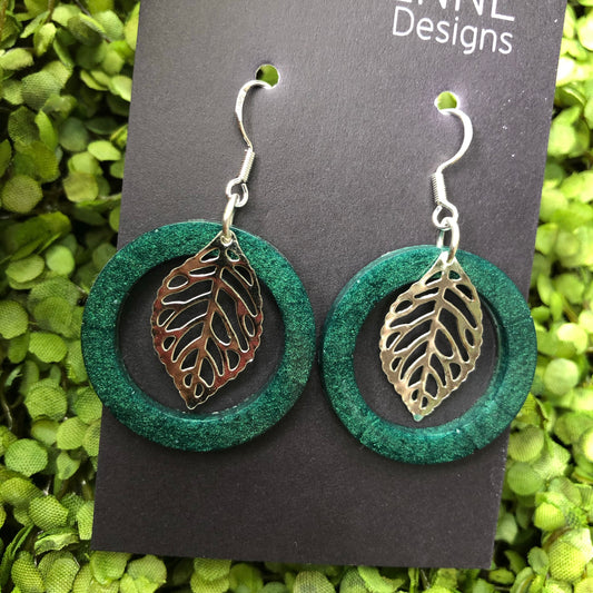 Emerald Silver Leaf Resin Earrings