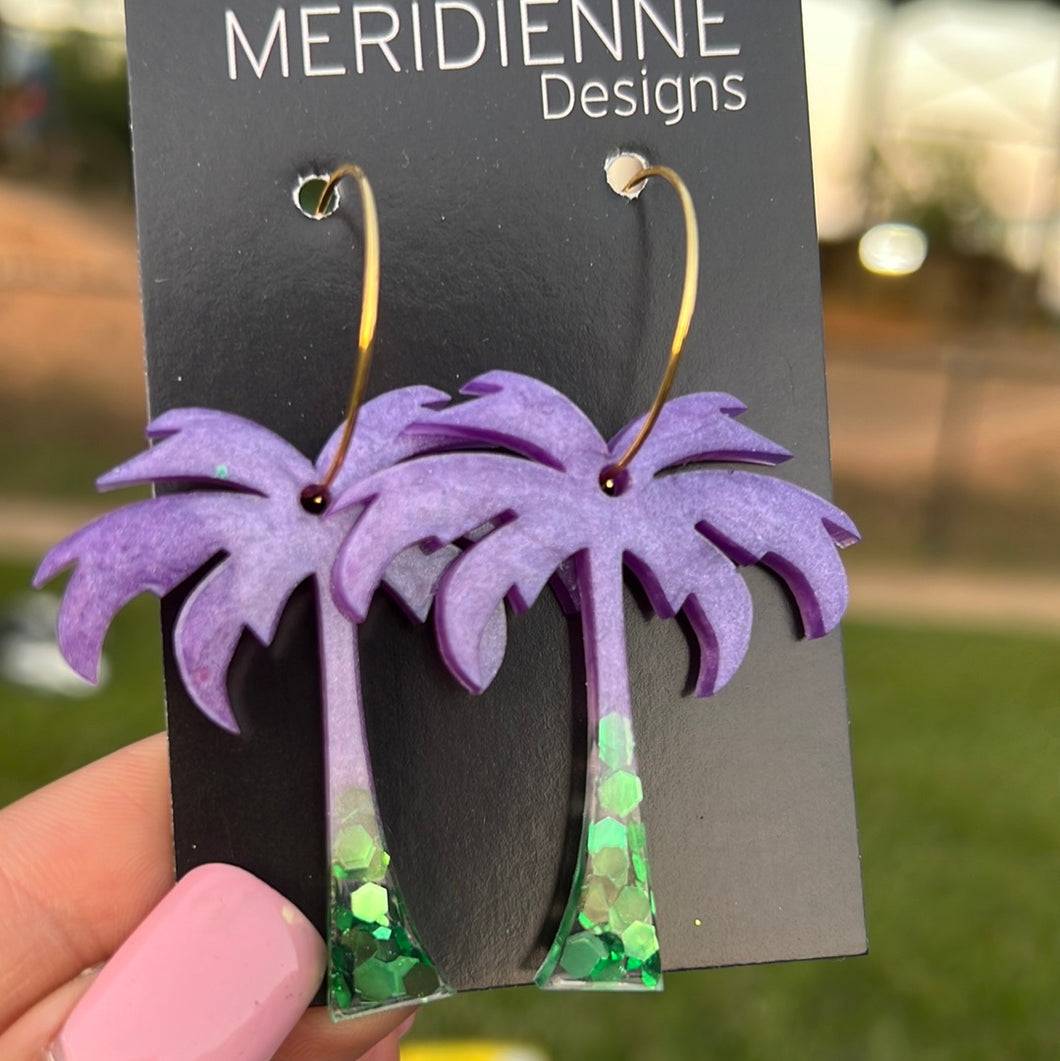 Purple and Green Palm Resin Earrings