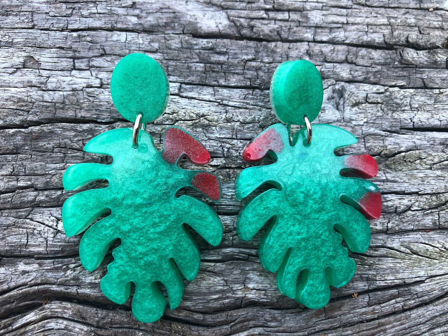 Turquoise and Red Leaf Resin Earrings