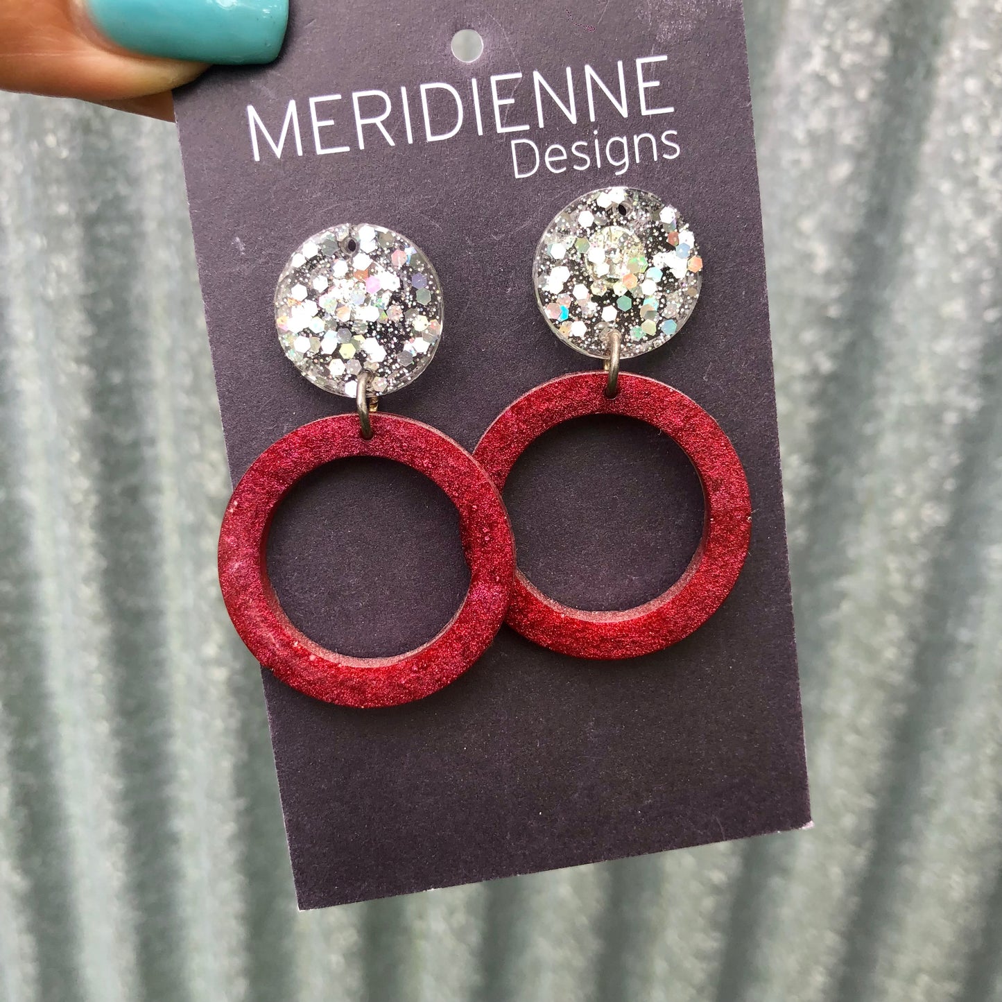 Silver Glitter and Red Resin Earrings