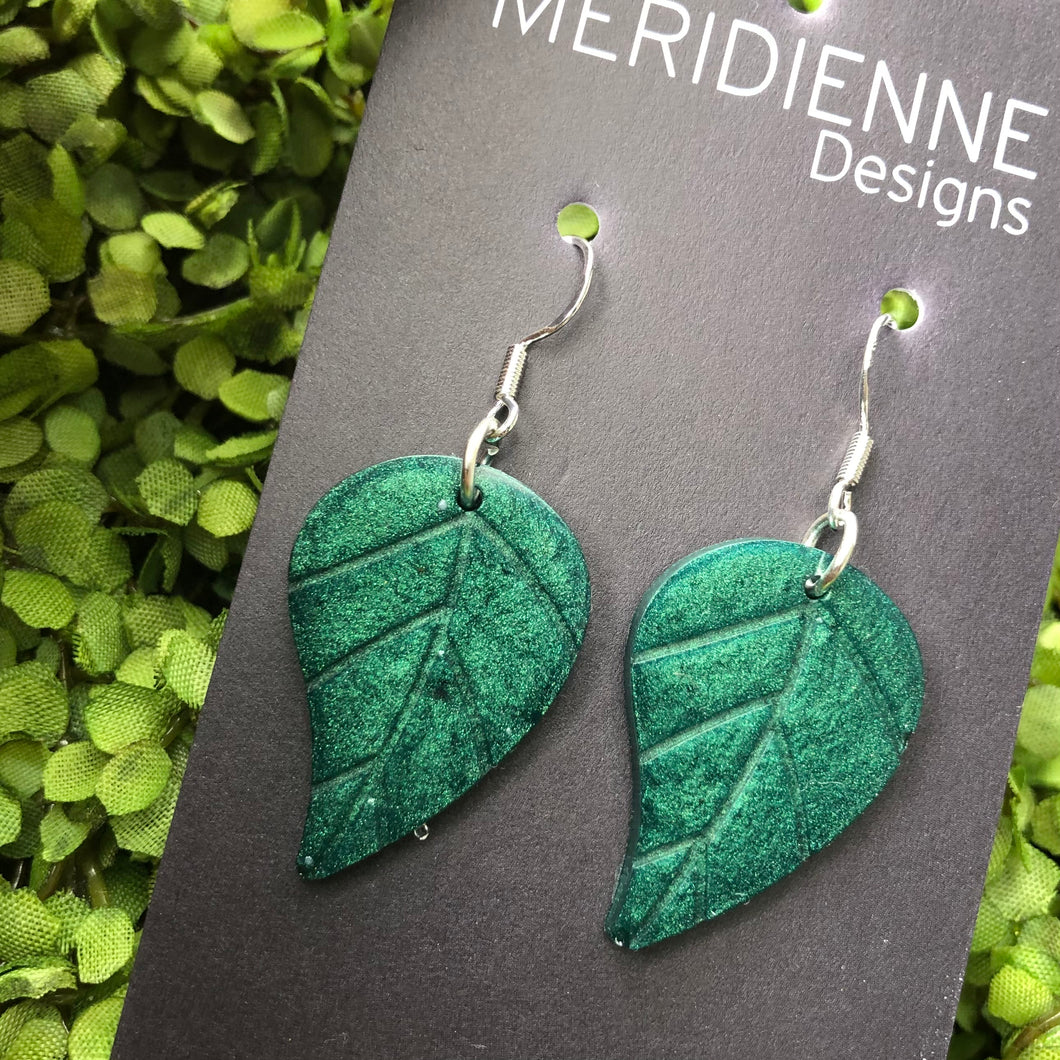 Emerald Leaf Resin Earrings