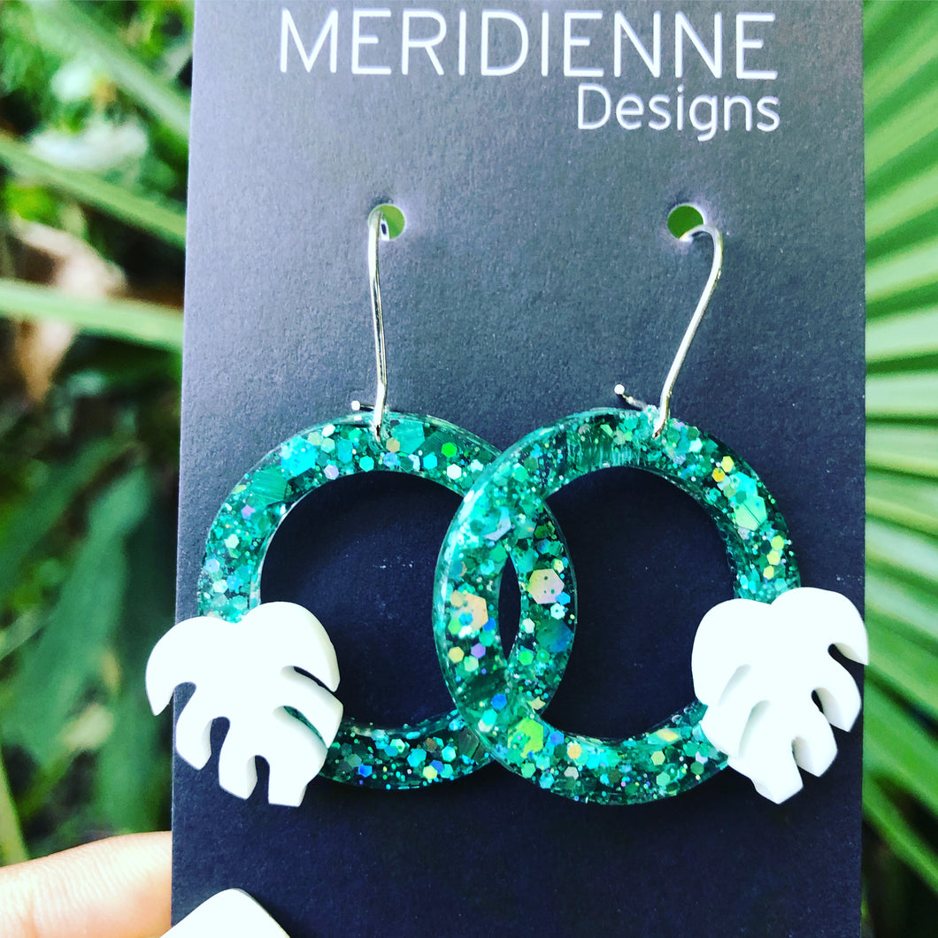 Turquoise with Mini White Monstera Earrings