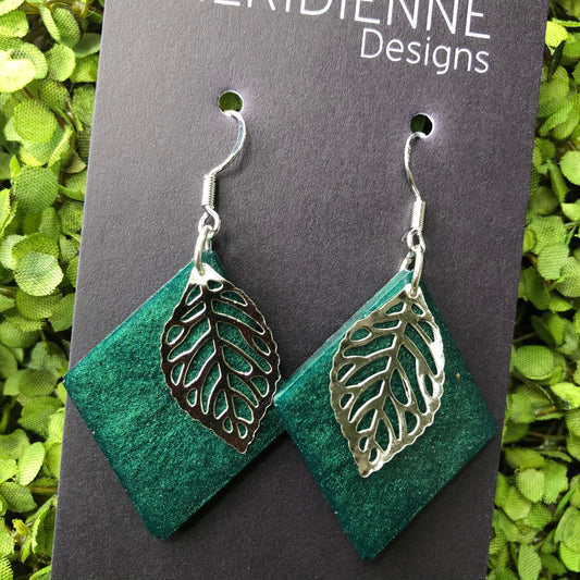 Emerald Silver Leaf Resin Earrings