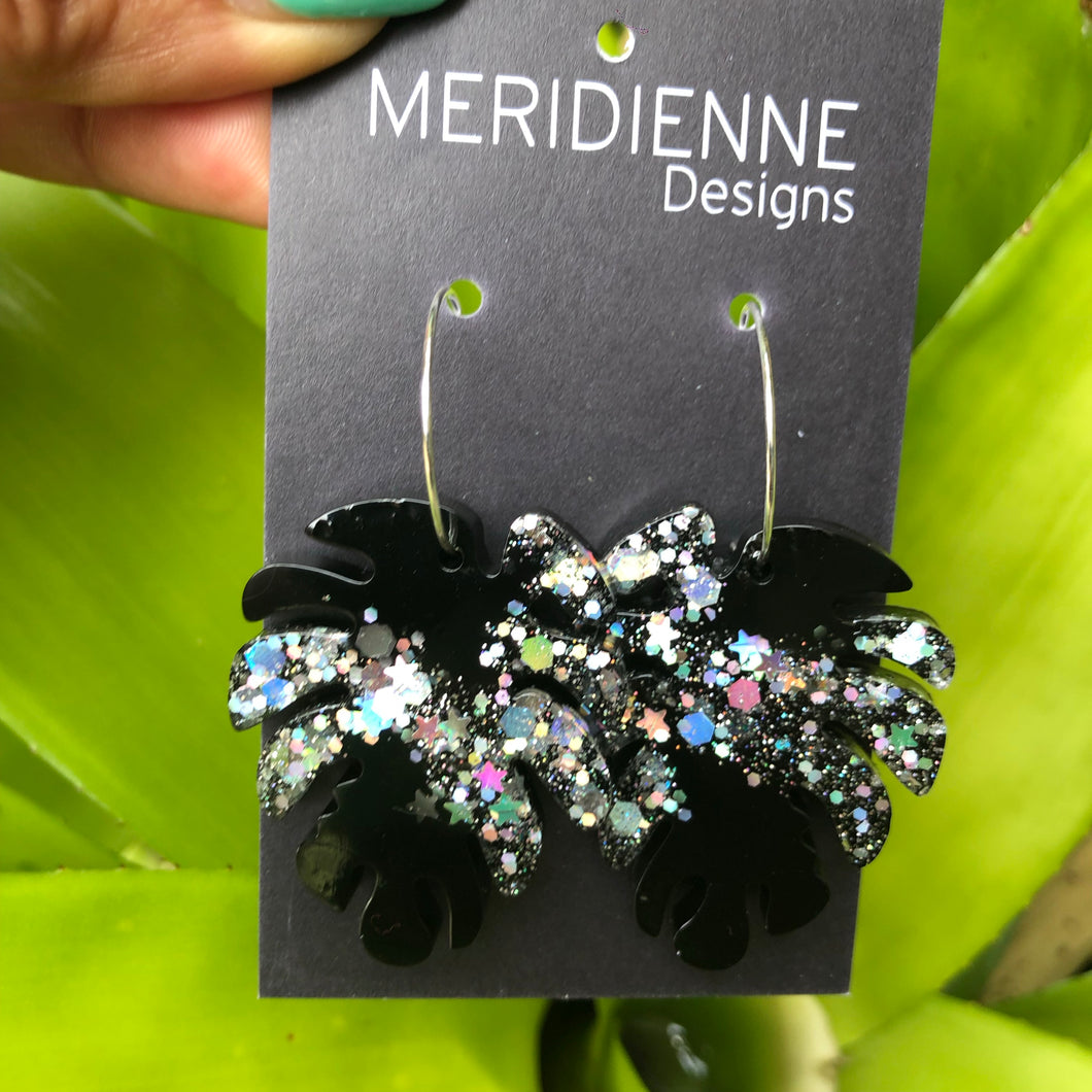 Black and Silver Monstera Earrings