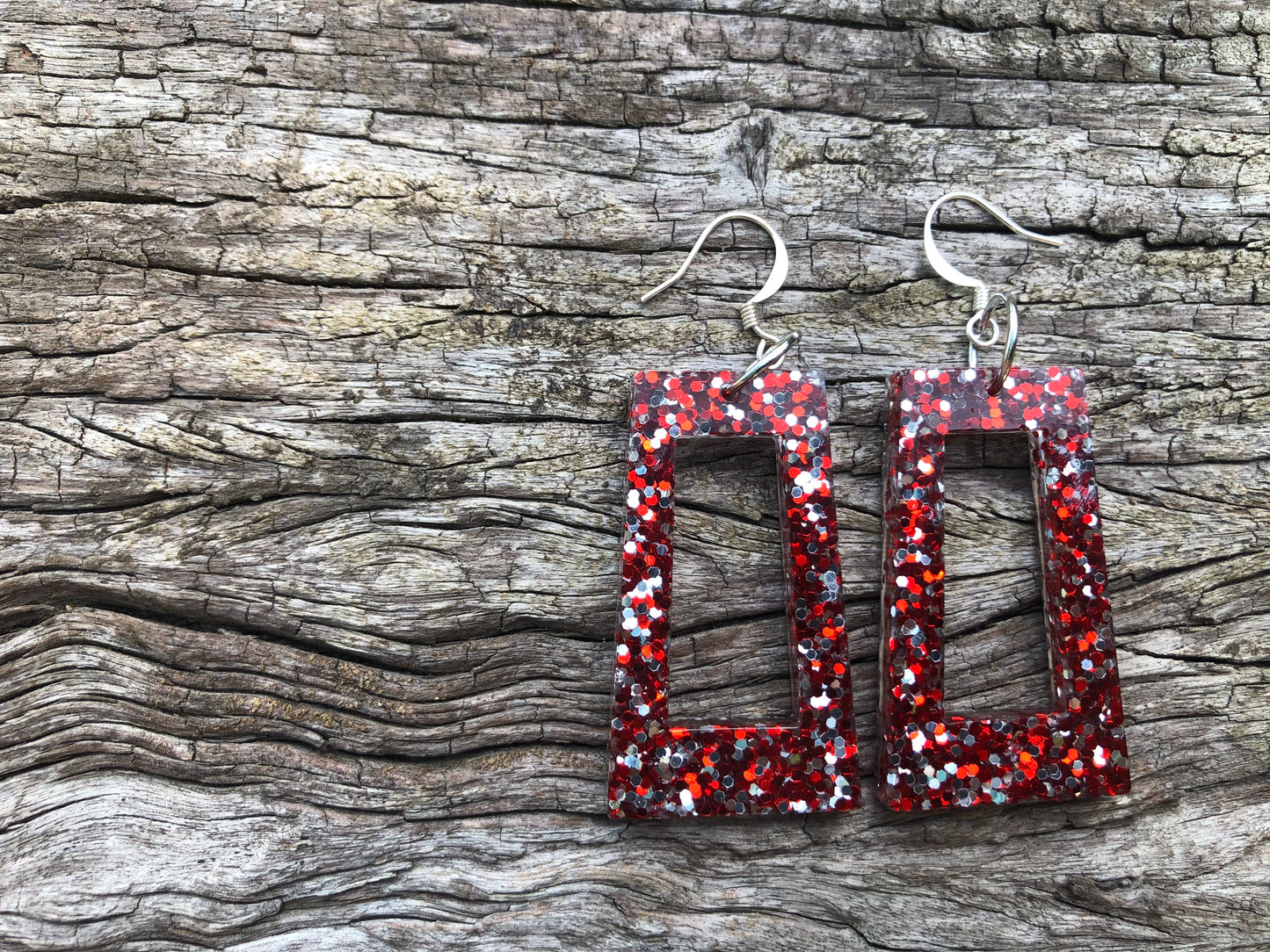 Red & Silver Glitter Resin Earrings