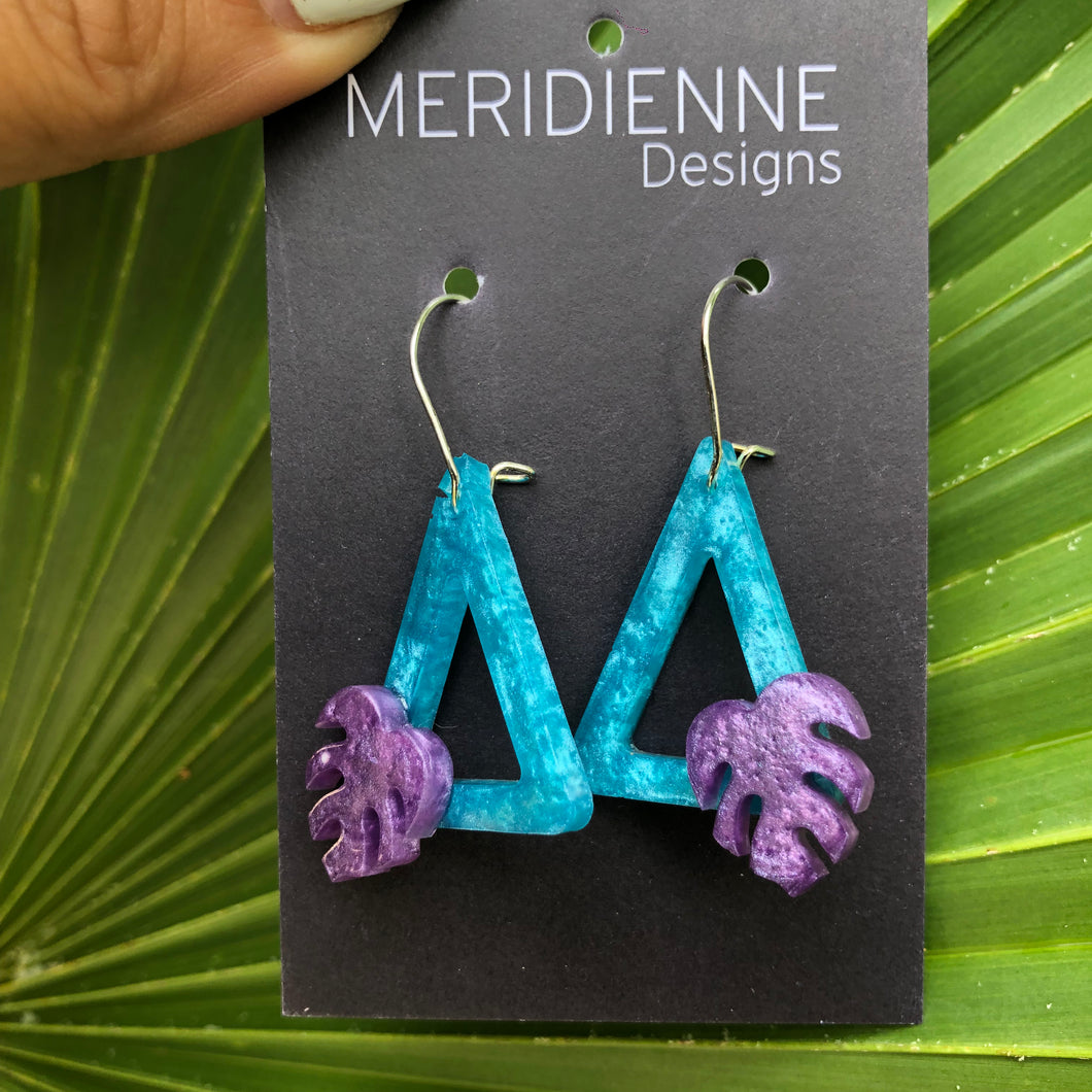 Turquoise with Mini Purple Monstera Earrings