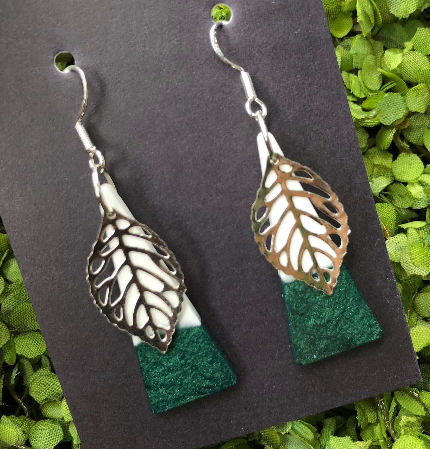 Emerald Silver Leaf Resin Earrings