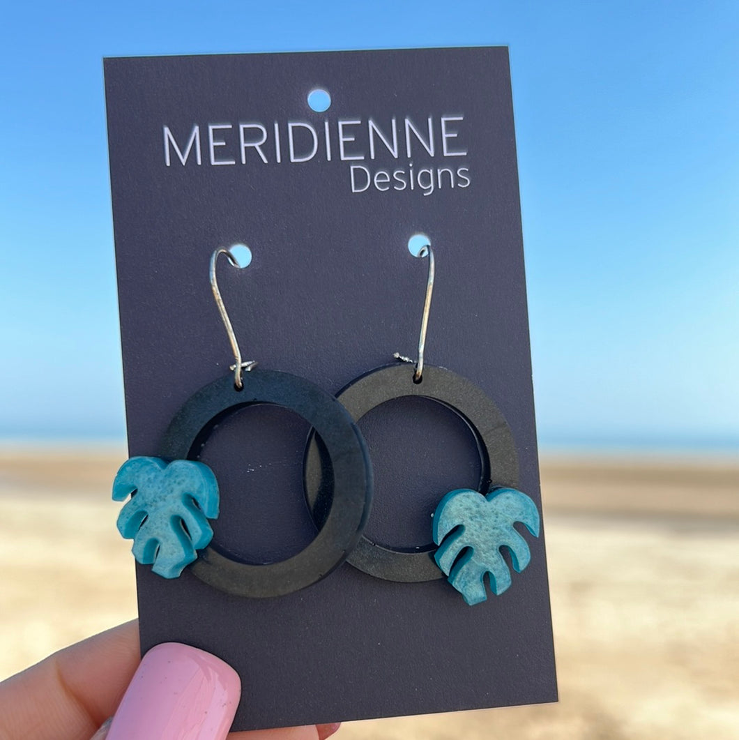 Black and Mini Blue Monstera Earrings